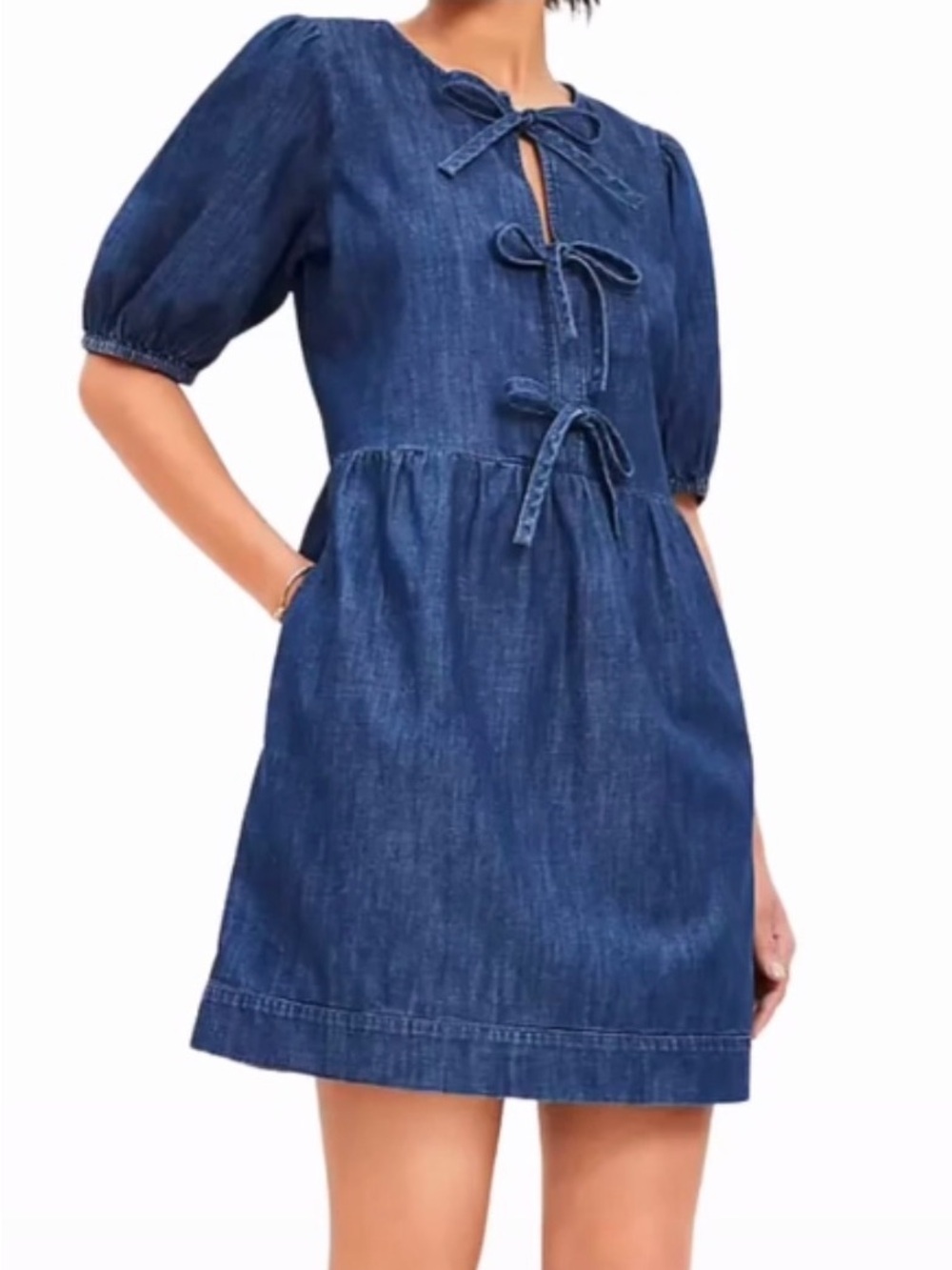 LOFT Denim Tie-Front Puff Sleeve Mini Dress - Blue
